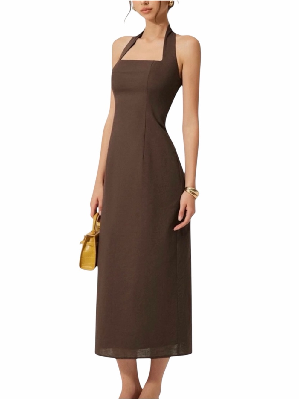Commense Chocolate Brown Linen Cotton Halter Backless Midi Dress Medium NWT